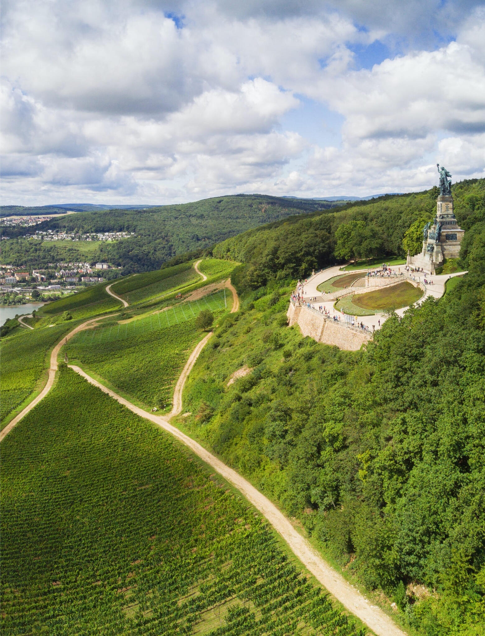 Luftbild Niederwalddenkmal in Rüdesheim am Rhein im Rheingau auf einem Hügel mit Weinbergen