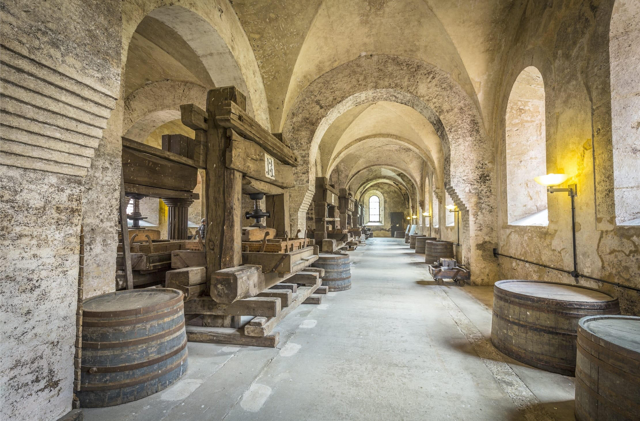 Ein Weinkellers im Rheingau mit alten Weinfässern und alten Weinpressen